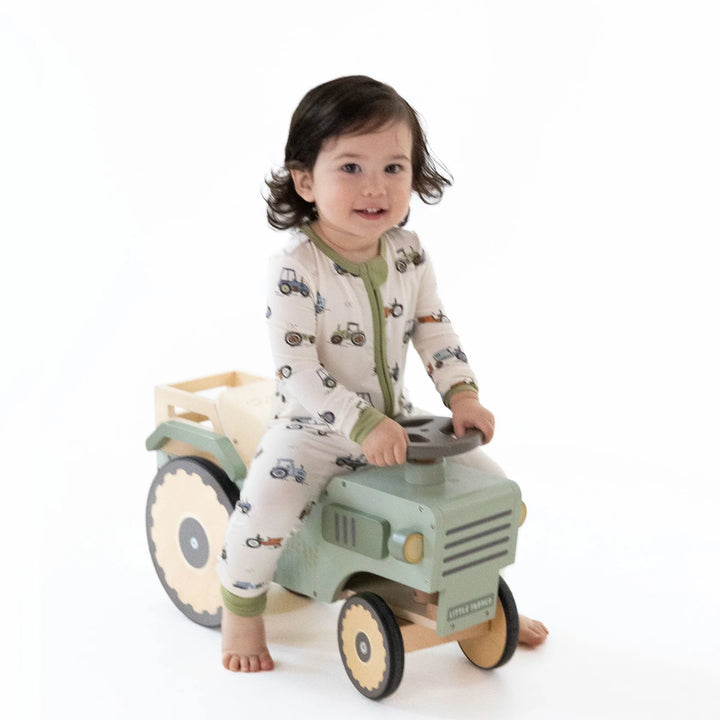Angel Dear Future Farmer Convertible Romper worn by a baby in a lifestyle view highlighting the future farmer design