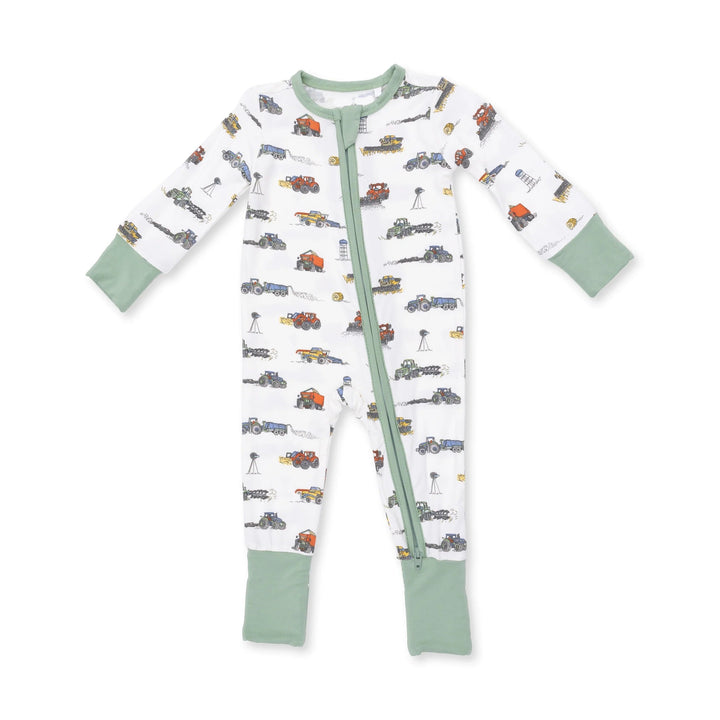 Angel Dear Farm Machines Convertible Romper front view of the baby romper highlighting the silhouette and farm machines design