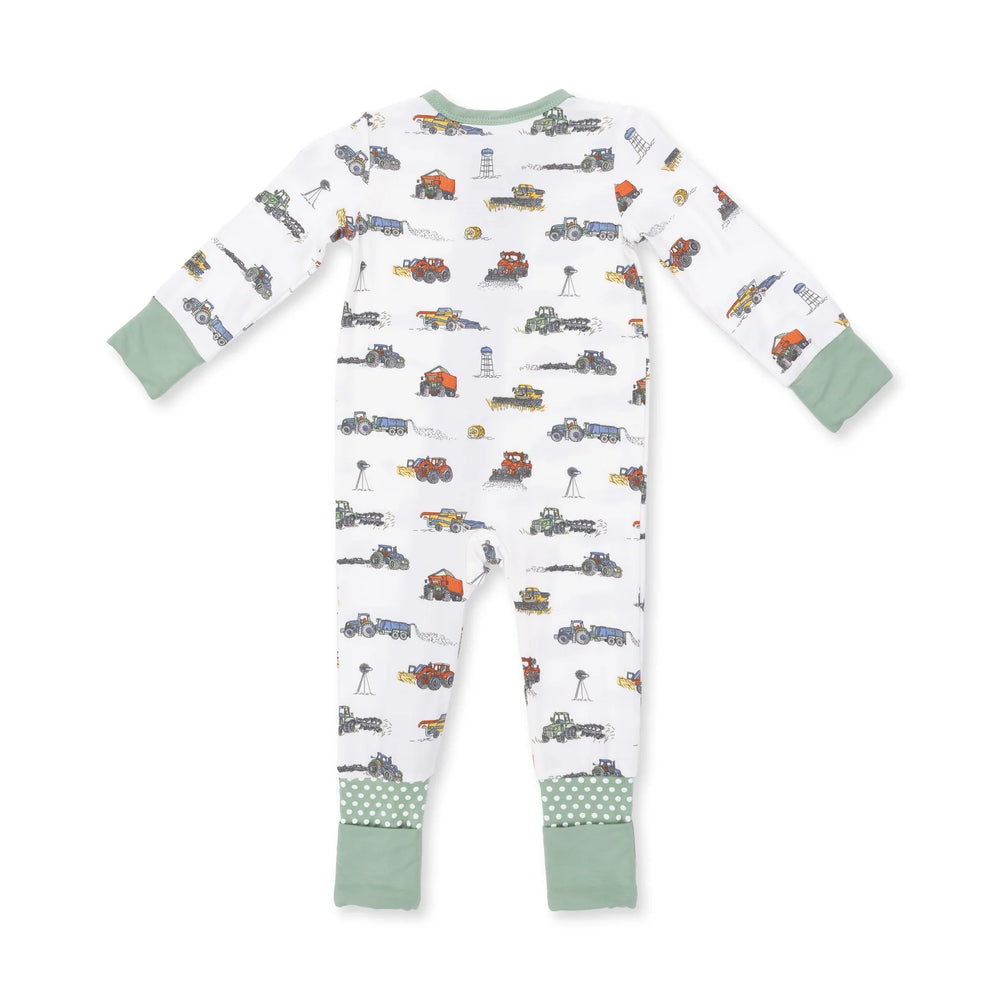 Angel Dear Farm Machines Convertible Romper alternate view of the baby romper showing the farm machines design and coordinating trim