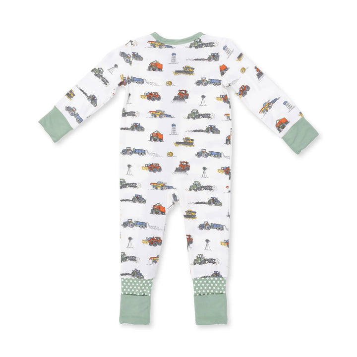 Angel Dear Farm Machines Convertible Romper alternate view of the baby romper showing the farm machines design and coordinating trim