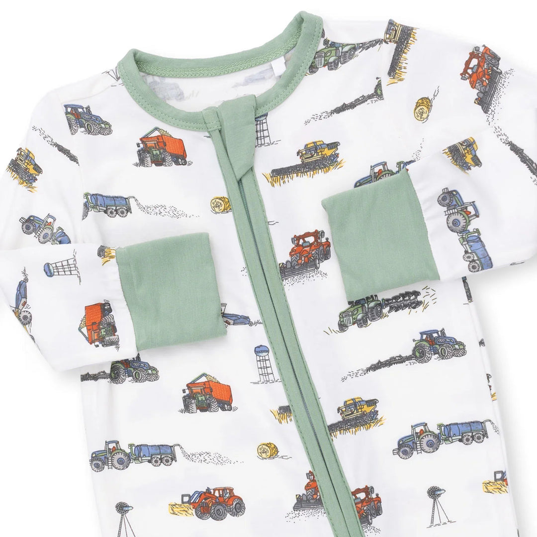 Angel Dear Farm Machines Convertible Romper close-up of the baby romper highlighting the print, closures, and finishing details