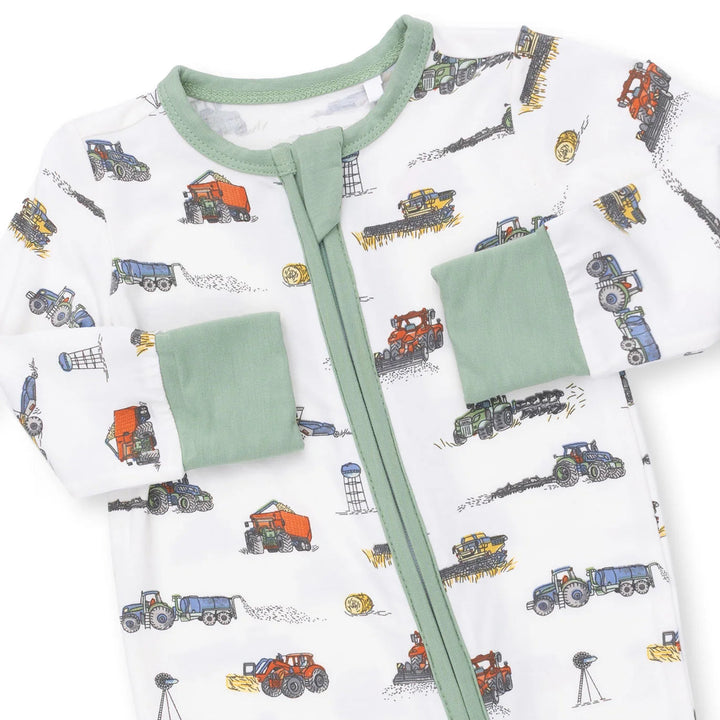 Angel Dear Farm Machines Convertible Romper close-up of the baby romper highlighting the print, closures, and finishing details