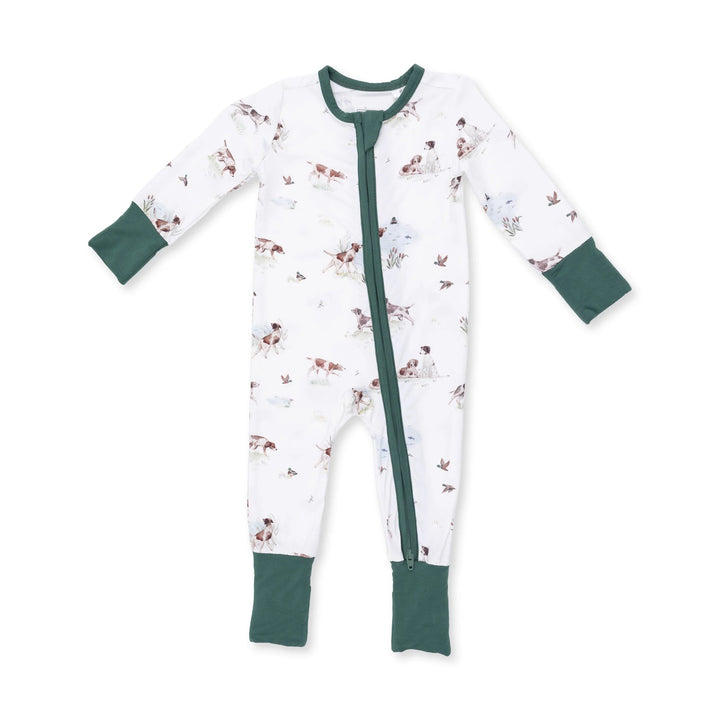 Angel Dear Pointer Pups and Duck Buddies Convertible Romper front view of the baby romper highlighting the silhouette and pointer pups and duck buddies design