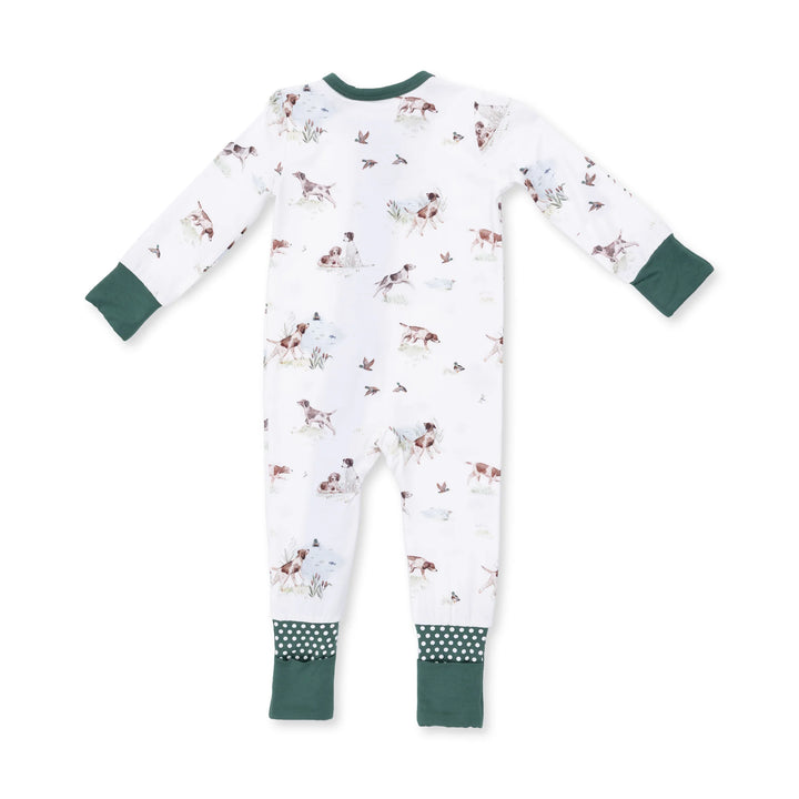 Angel Dear Pointer Pups and Duck Buddies Convertible Romper alternate view of the baby romper showing the pointer pups and duck buddies design and coordinating trim