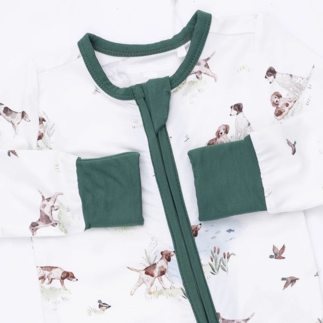 Angel Dear Pointer Pups and Duck Buddies Convertible Romper close-up of the baby romper highlighting the print, closures, and finishing details
