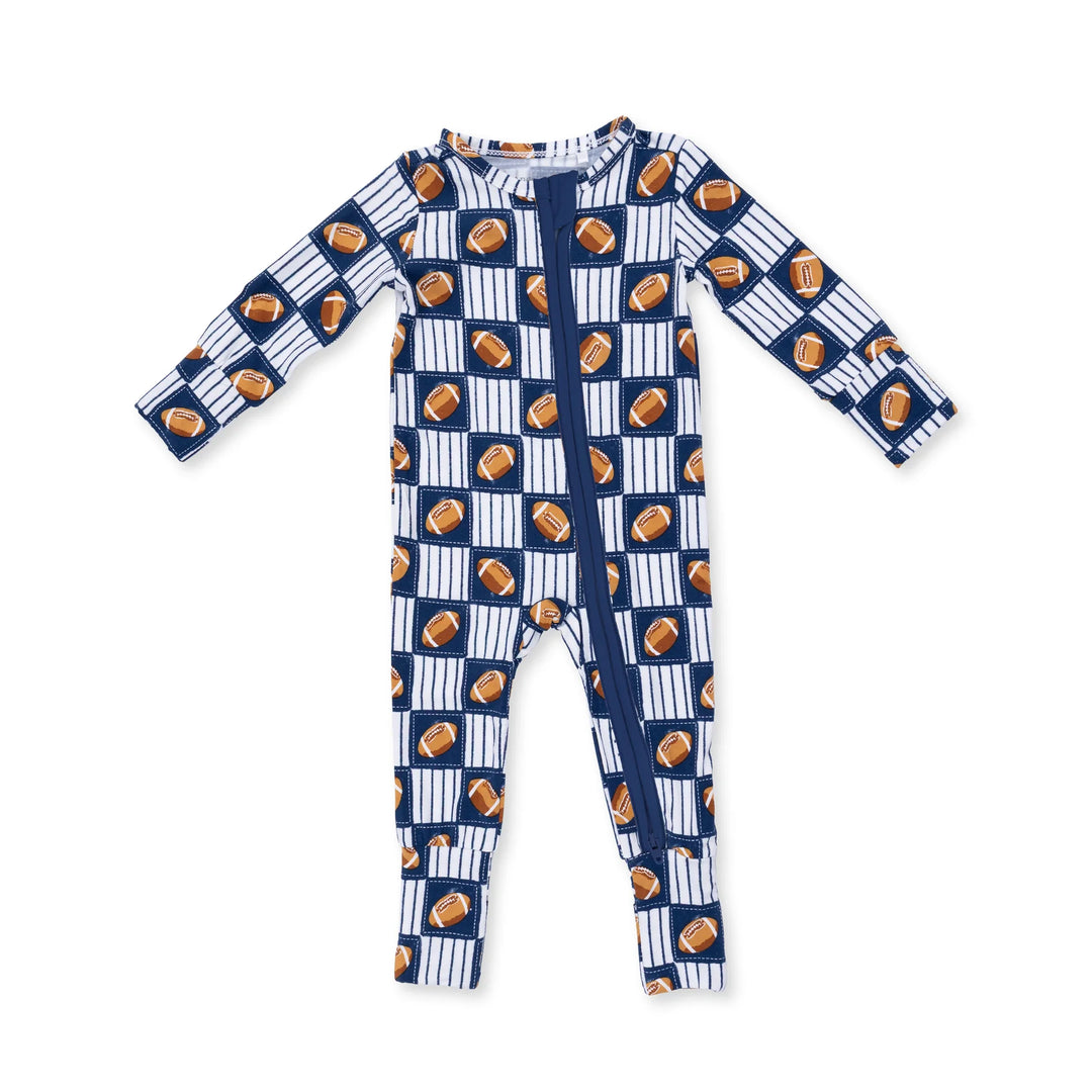 Angel Dear Football Patchwork Convertible Romper front view of the baby romper highlighting the silhouette and football patchwork design