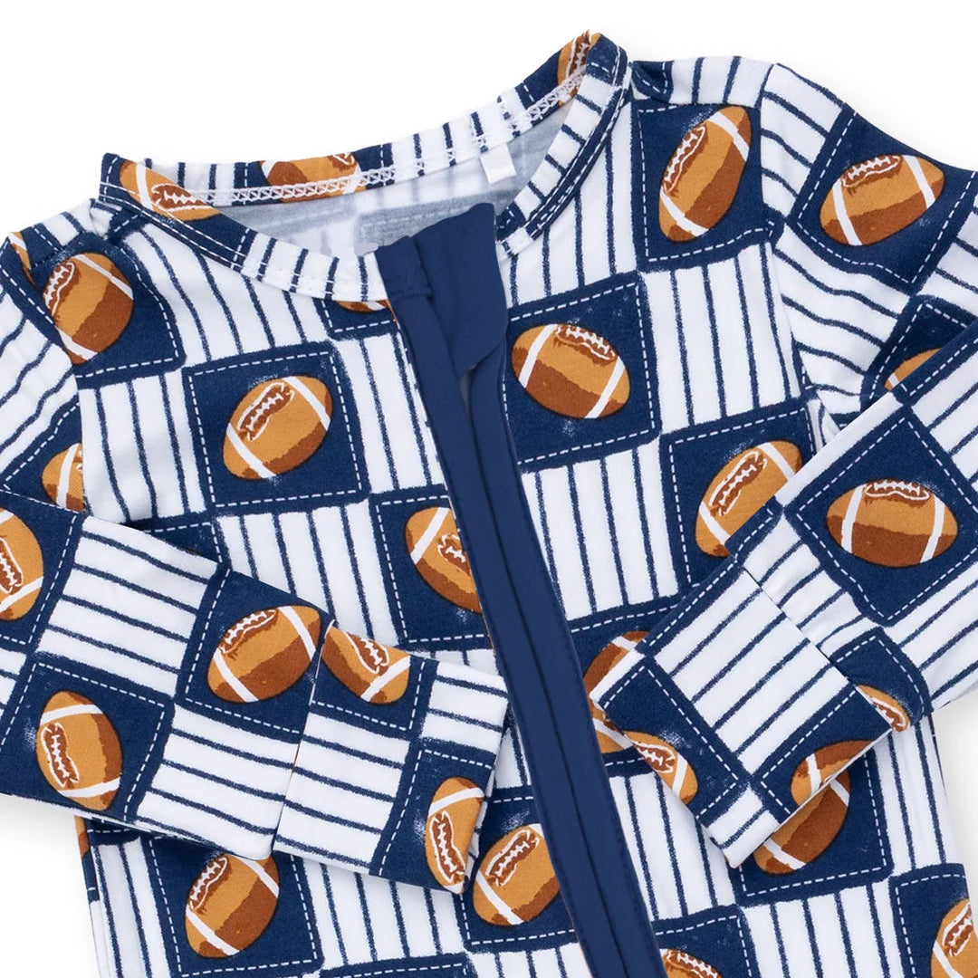 Angel Dear Football Patchwork Convertible Romper close-up of the baby romper highlighting the print, closures, and finishing details
