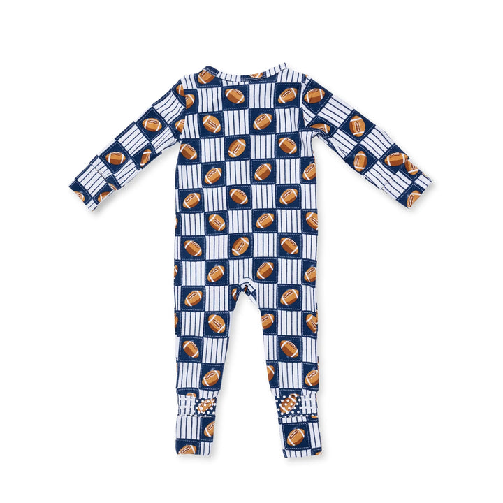 Angel Dear Football Patchwork Convertible Romper alternate view of the baby romper showing the football patchwork design and coordinating trim