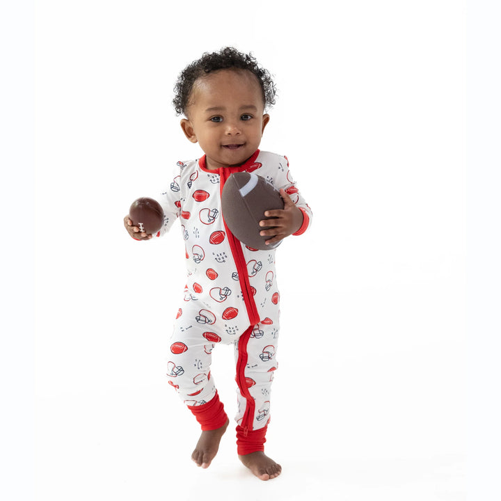Angel Dear Touchdown Time Convertible Romper worn by a baby in a lifestyle view highlighting the touchdown time design