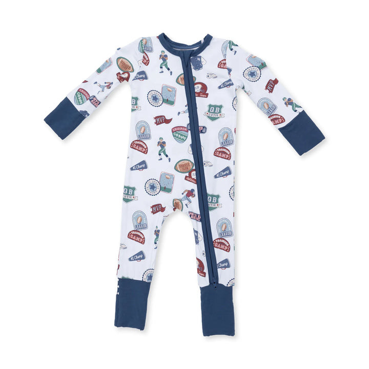 Angel Dear Football Patches Convertible Romper front view of the baby romper highlighting the silhouette and football patches design