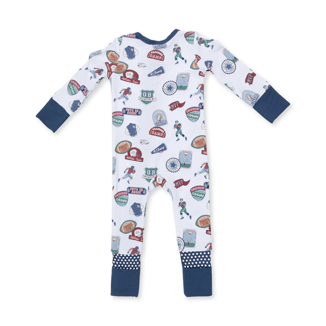 Angel Dear Football Patches Convertible Romper alternate view of the baby romper showing the football patches design and coordinating trim