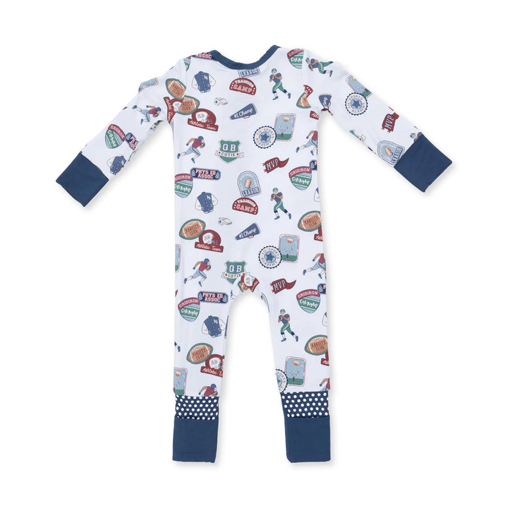 Angel Dear Football Patches Convertible Romper alternate view of the baby romper showing the football patches design and coordinating trim
