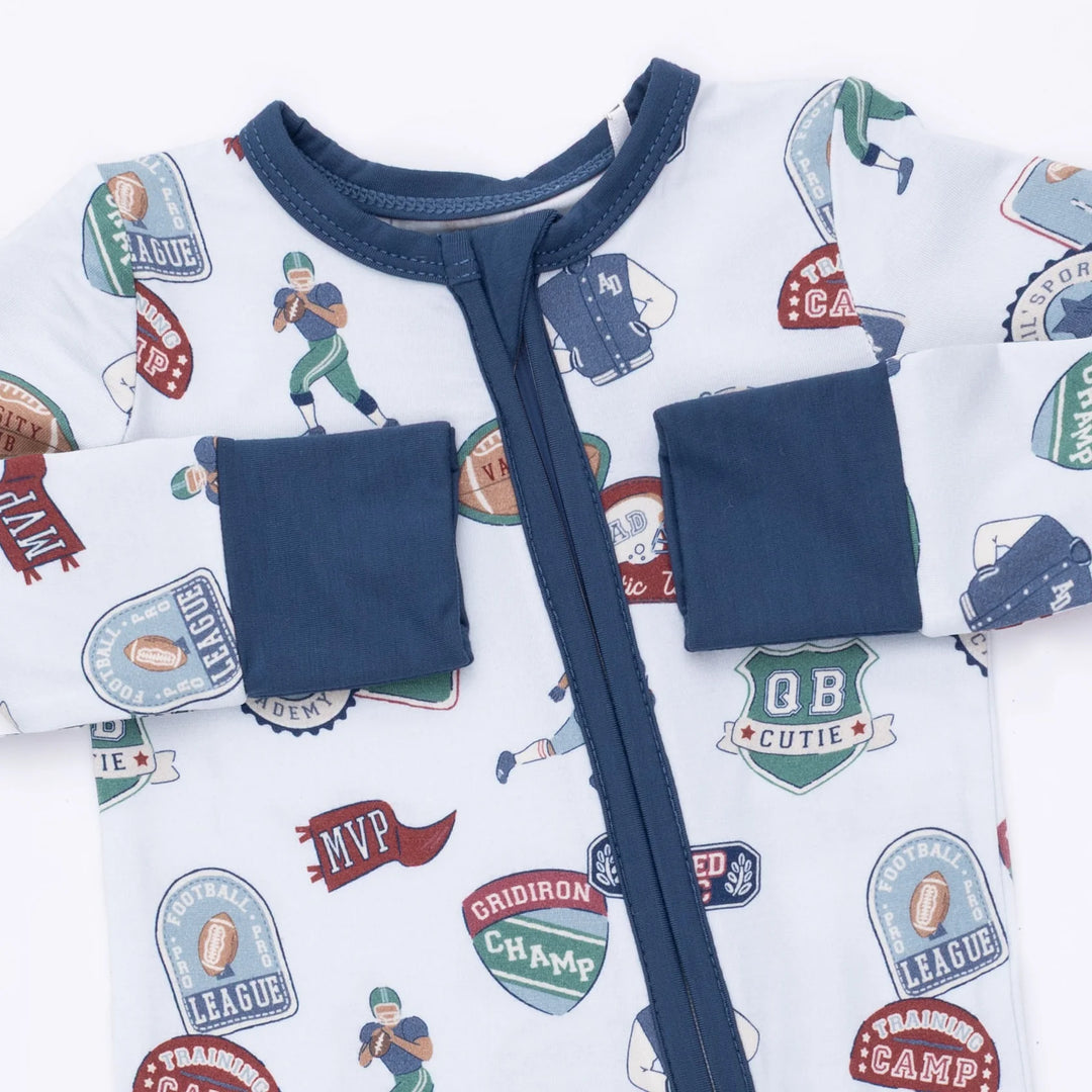 Angel Dear Football Patches Convertible Romper close-up of the baby romper highlighting the print, closures, and finishing details
