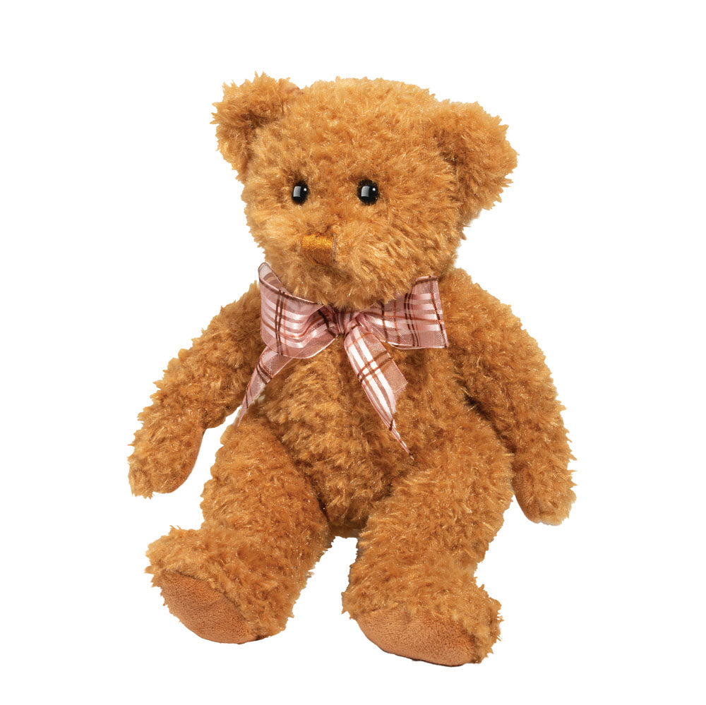 CARAMEL STUFFED FUZZY TEDDY BEAR SITTING UP STRAIGHT WITH BOW AROUND NECK