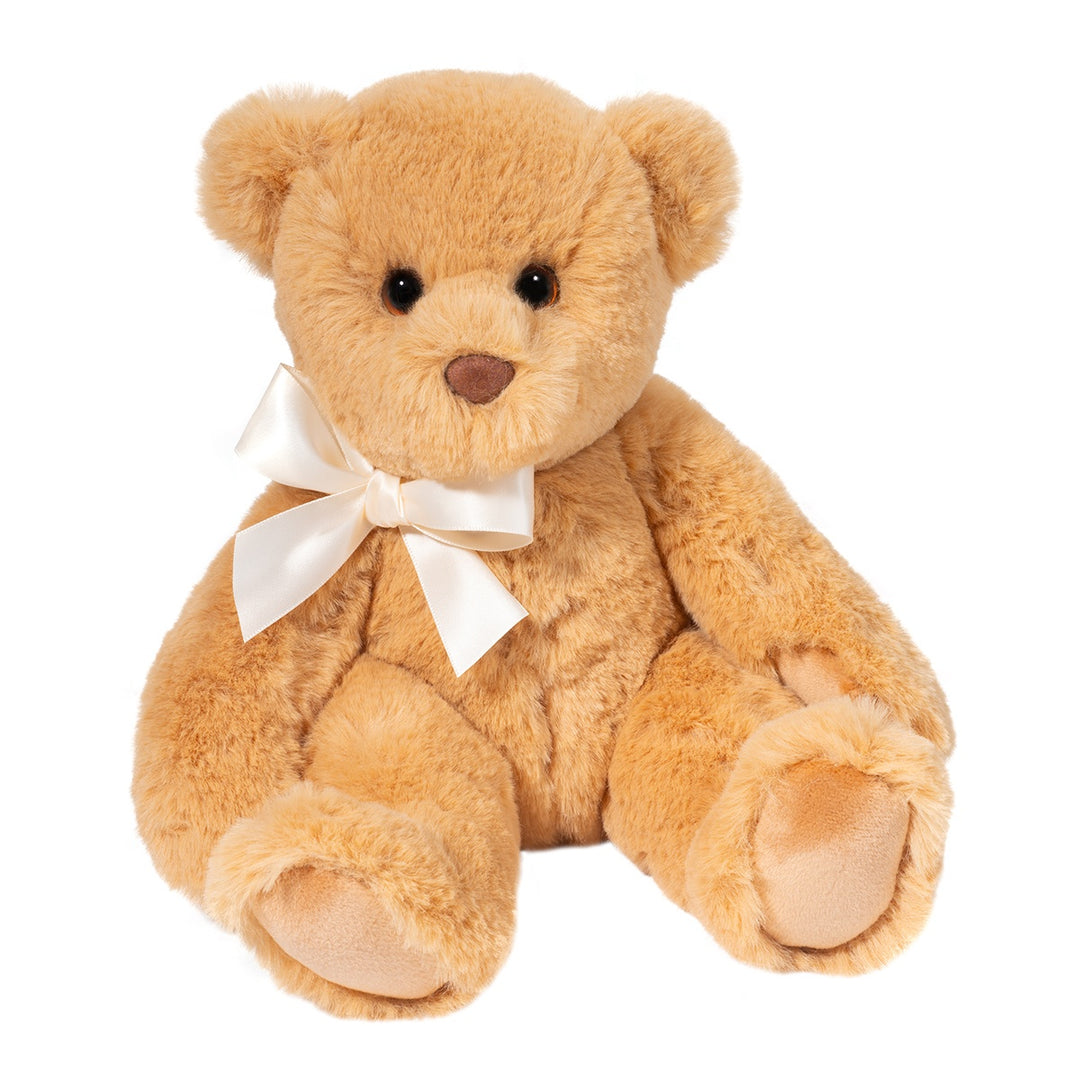 Golden brown teddy bear plush with soft fluffy fur, embroidered features, and a cream satin bow, shown facing forward 