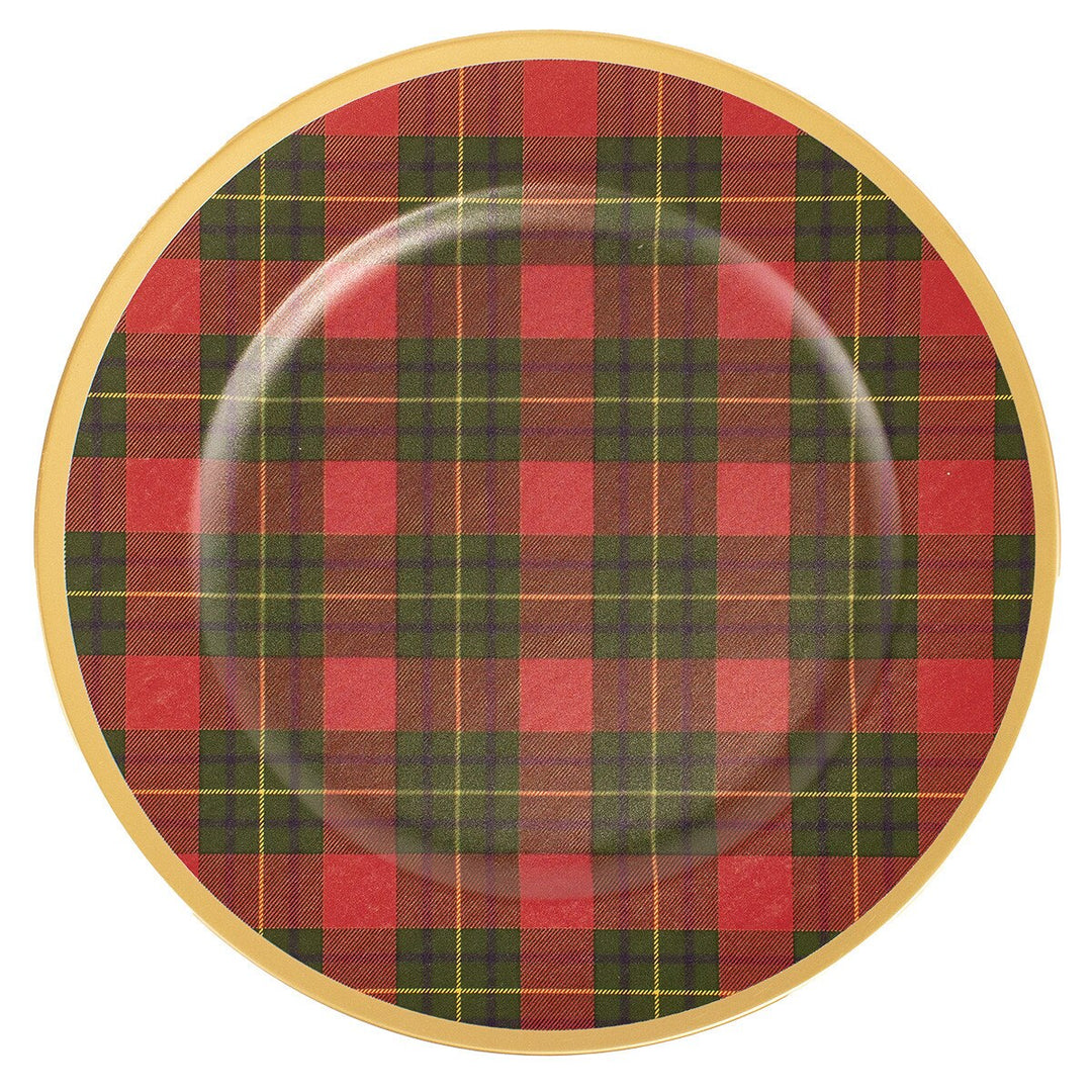 Round plate with red and green plaid pattern on a white background