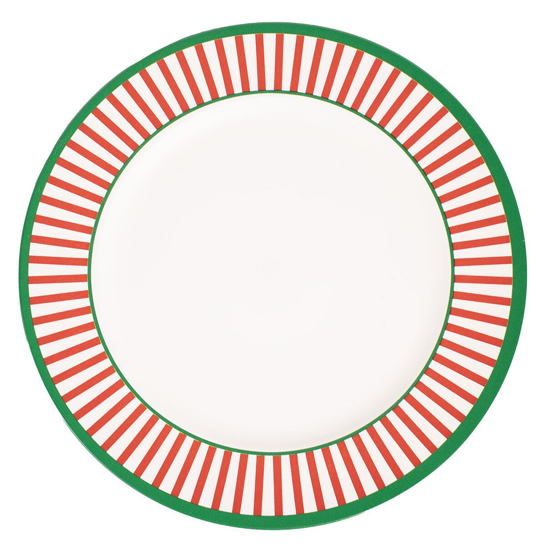 Round plate with red and green striped rim on a white background