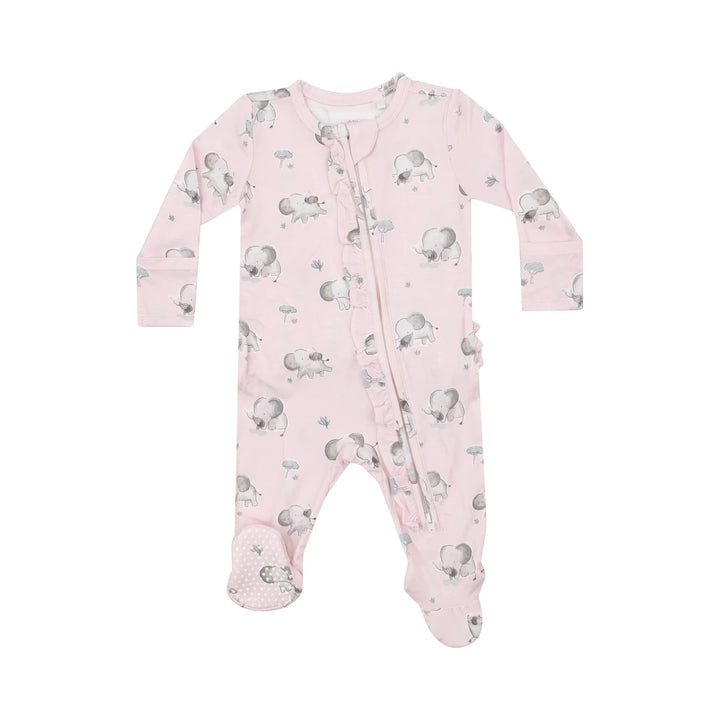 PINK ELEPHANTS RUFFLE ZIPPER FOOTIE