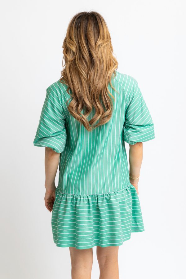 KARLIE: GREEN STRIPE POCKET RUFFLE BOTTOM DRESS
