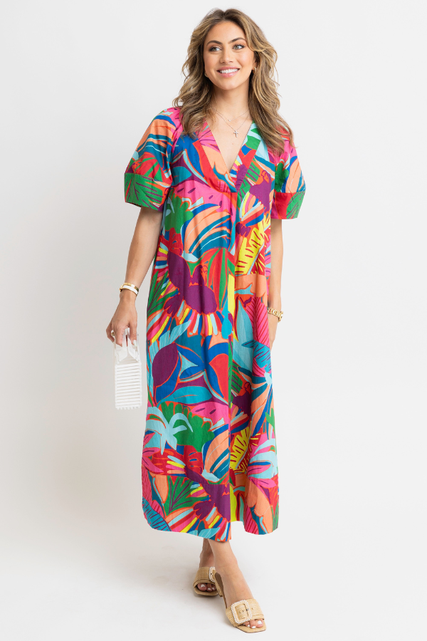 KARLIE: BIRDS OF PARADISE VNECK PUFF SLEEVE MAXI DRESS