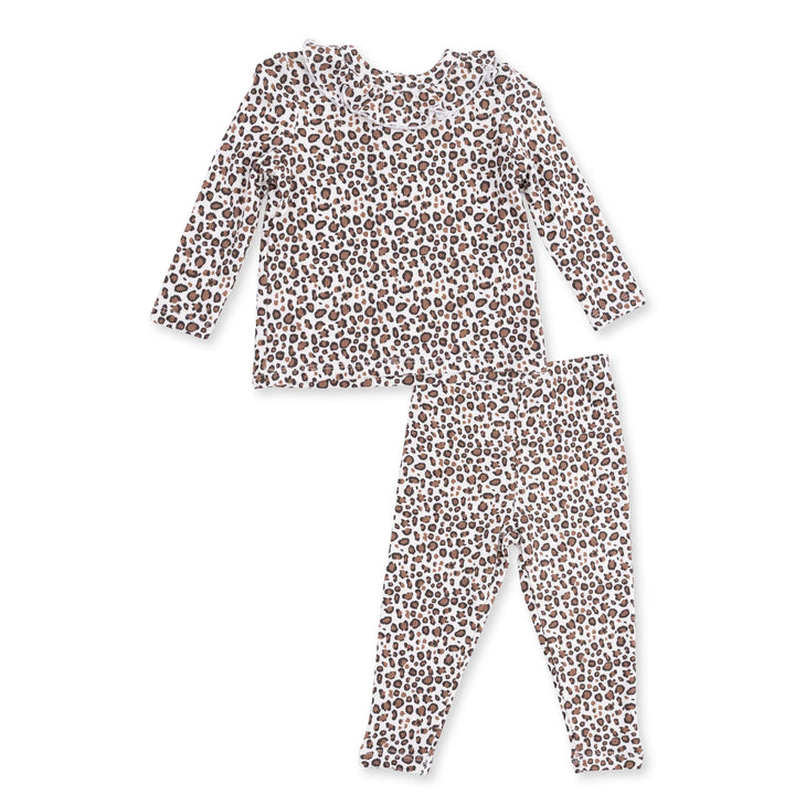 Angel Dear Leopard Rib Long Sleeve Ruffle Top and Pant Set complete outfit view showing the coordinated pieces and leopard rib ruffle design