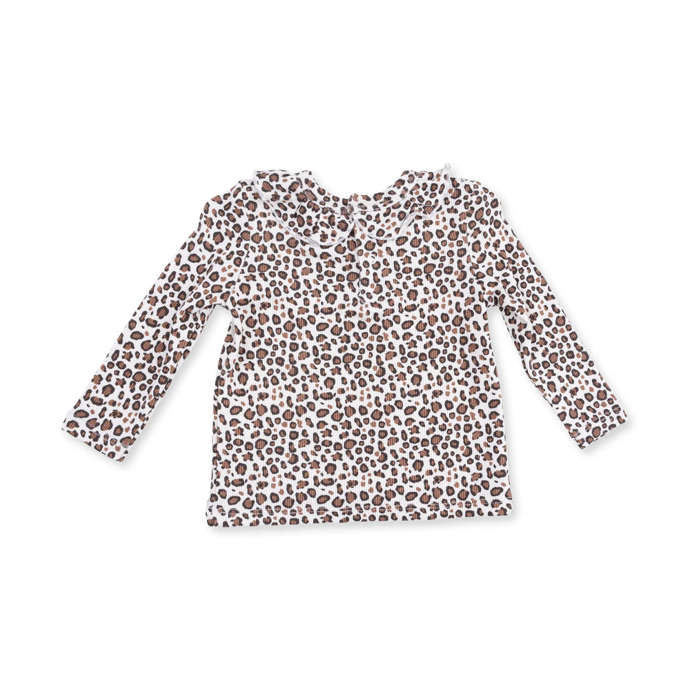 Angel Dear Leopard Rib Long Sleeve Ruffle Top and Pant Set top detail highlighting the neckline, sleeves, and leopard rib ruffle design