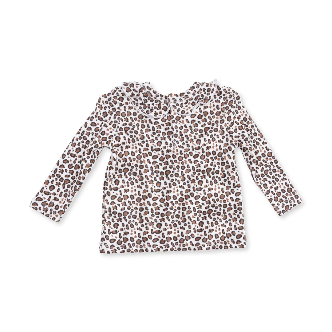 Angel Dear Leopard Rib Long Sleeve Ruffle Top and Pant Set top detail highlighting the neckline, sleeves, and leopard rib ruffle design