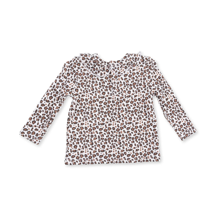 Angel Dear Leopard Rib Long Sleeve Ruffle Top and Pant Set top detail highlighting the neckline, sleeves, and leopard rib ruffle design