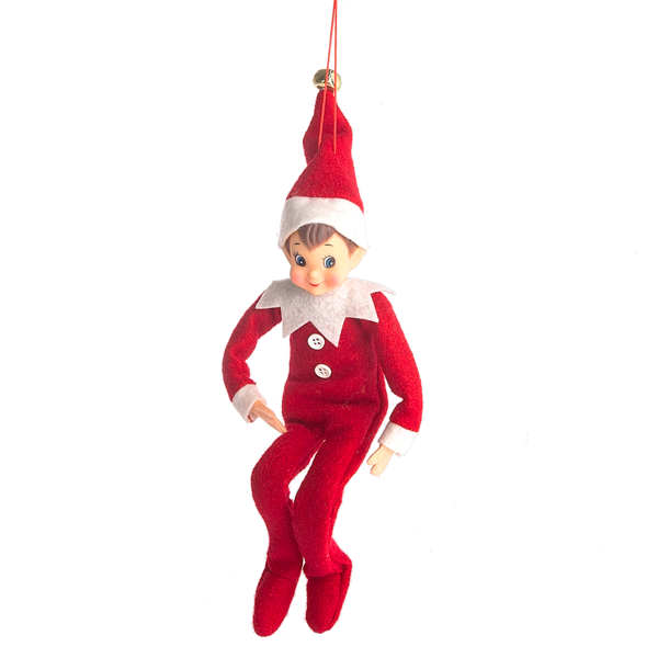 Red elf doll with white trim on a white background