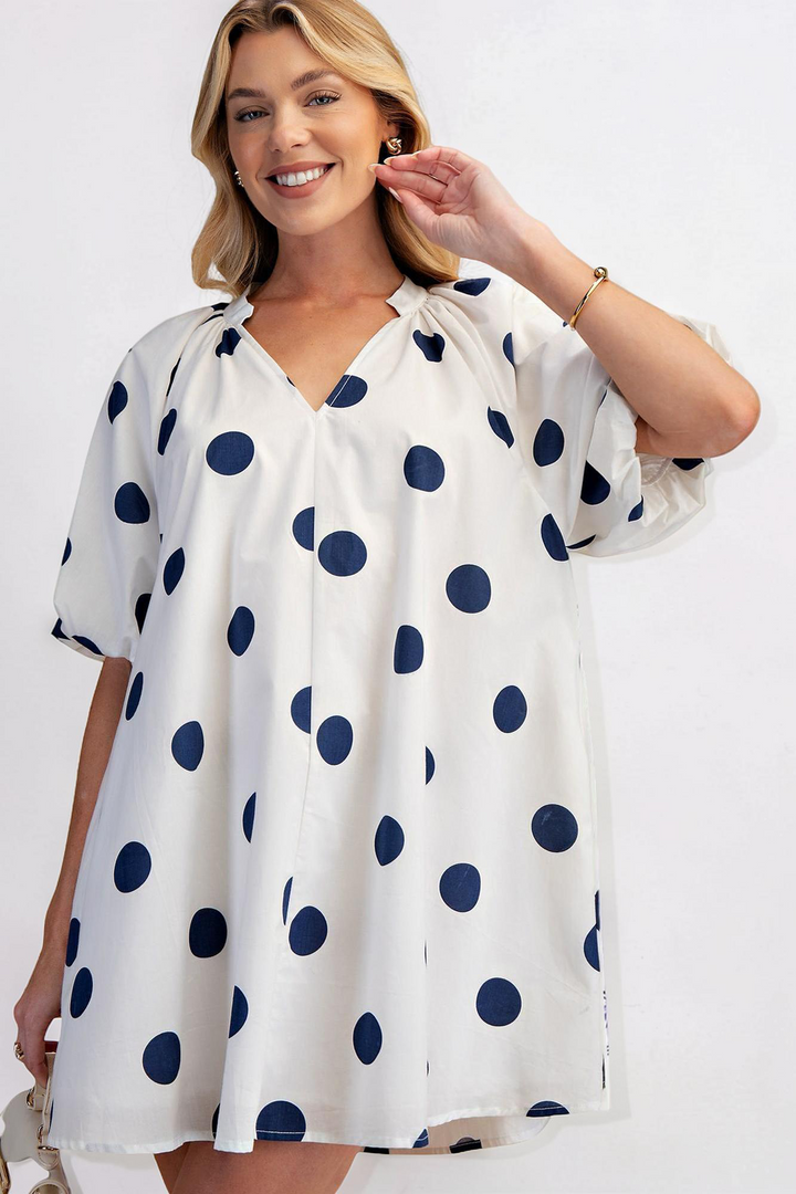 WHITE & NAVY POLKA DOT PUFF SLEEVE DRESS