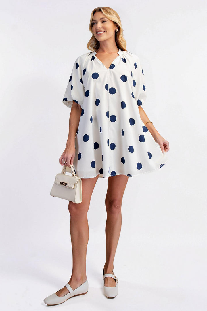 WHITE & NAVY POLKA DOT PUFF SLEEVE DRESS