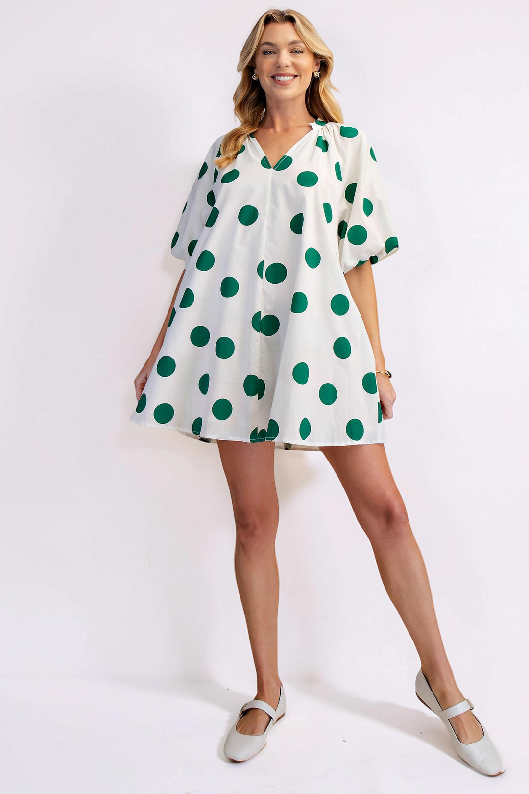 WHITE & GREEN POLKA DOT PUFF SLEEVE DRESS