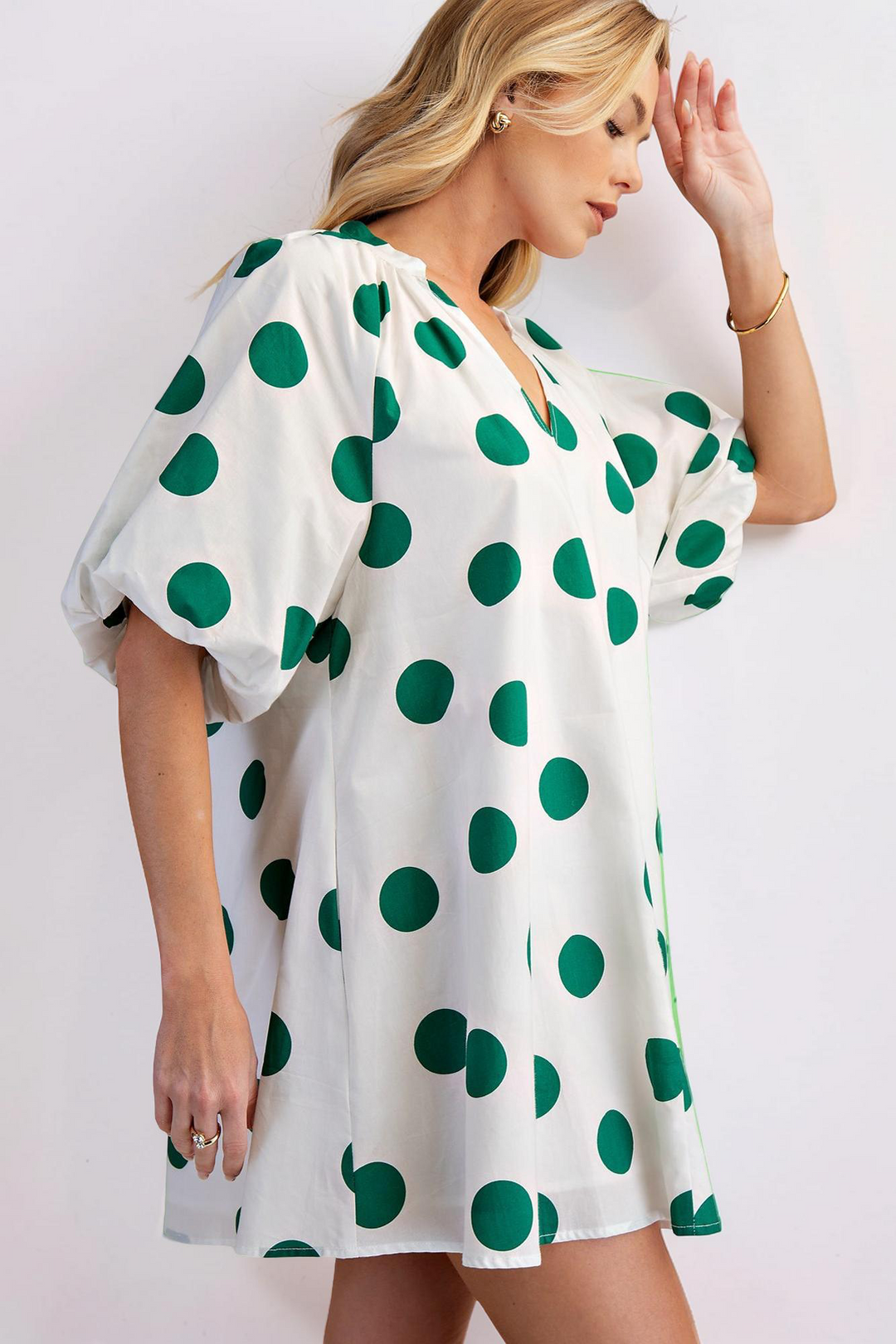 WHITE & GREEN POLKA DOT PUFF SLEEVE DRESS