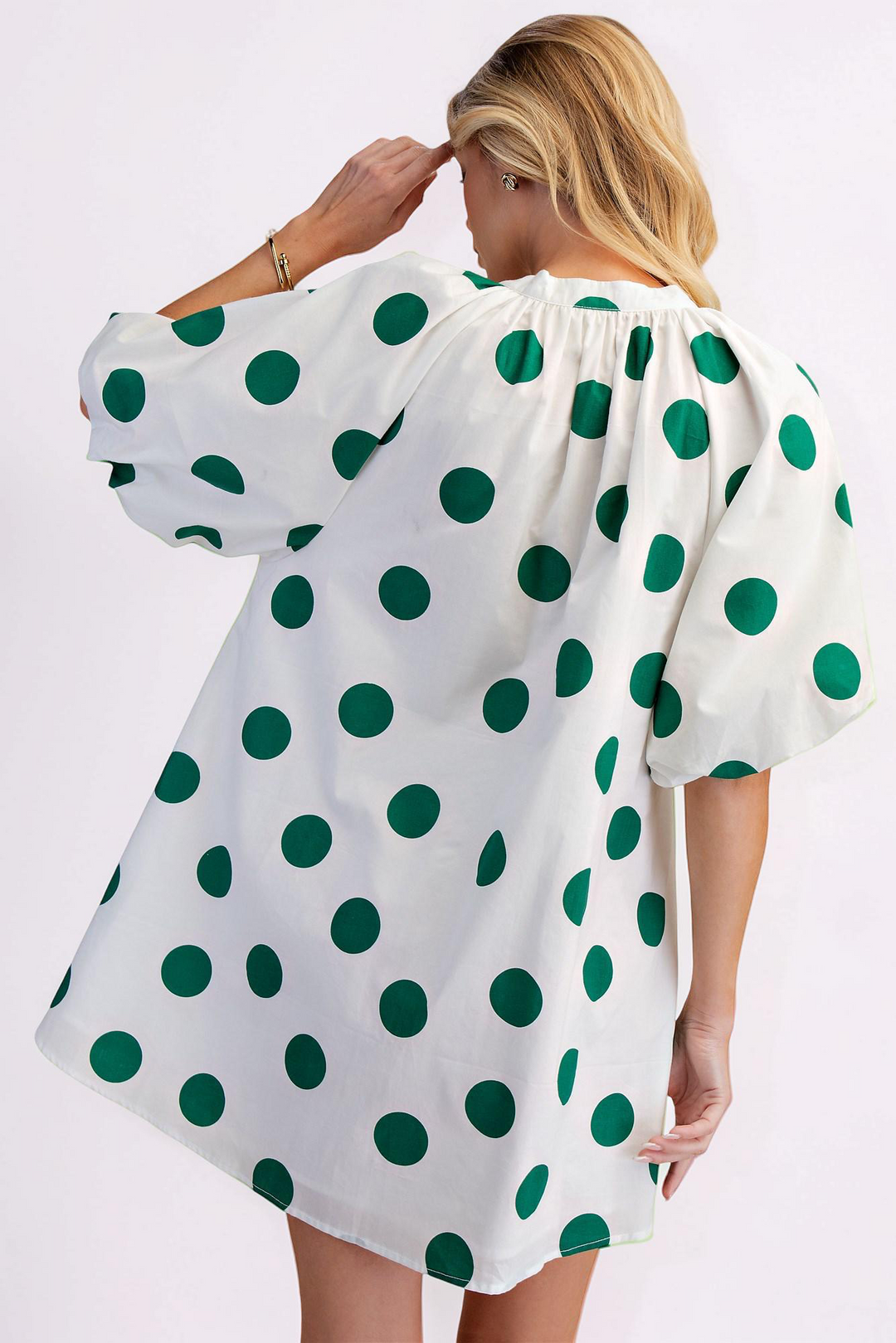 WHITE & GREEN POLKA DOT PUFF SLEEVE DRESS