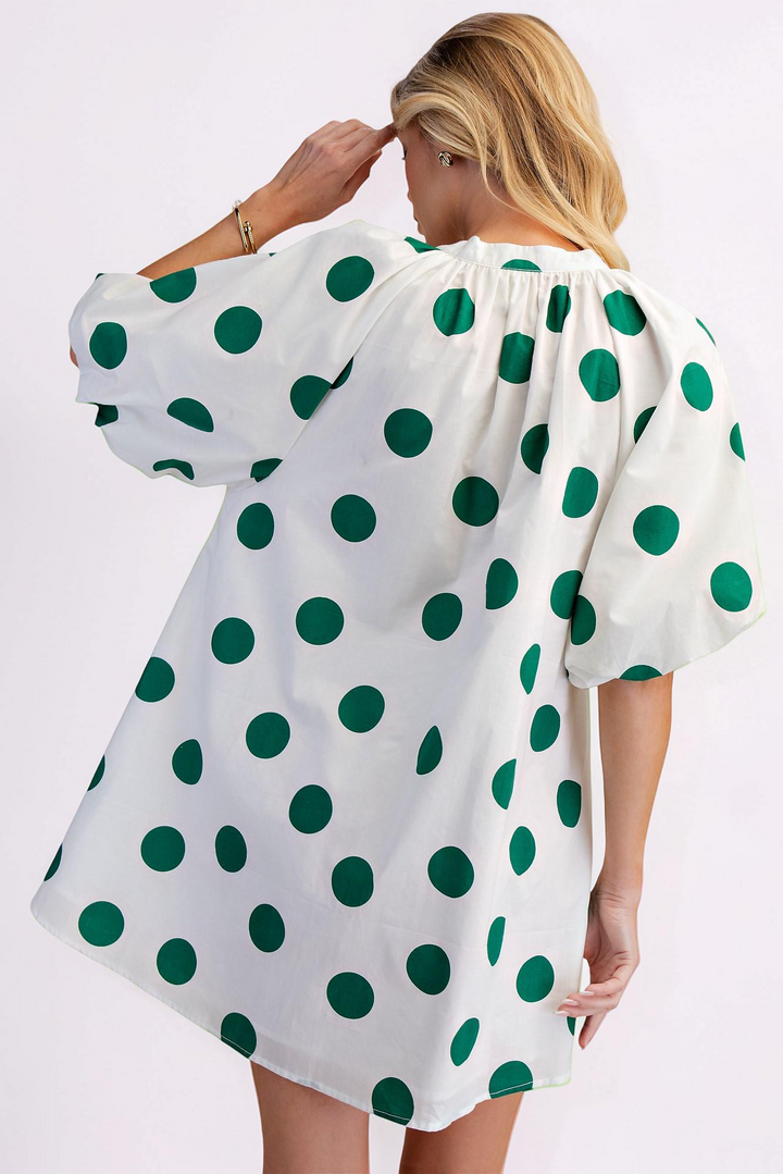 WHITE & GREEN POLKA DOT PUFF SLEEVE DRESS