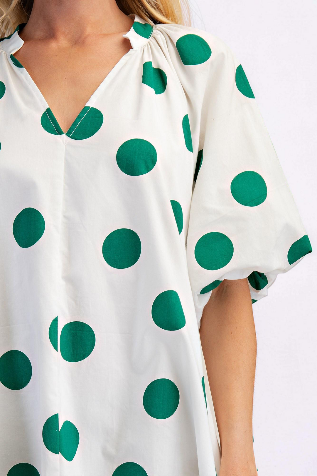 WHITE & GREEN POLKA DOT PUFF SLEEVE DRESS