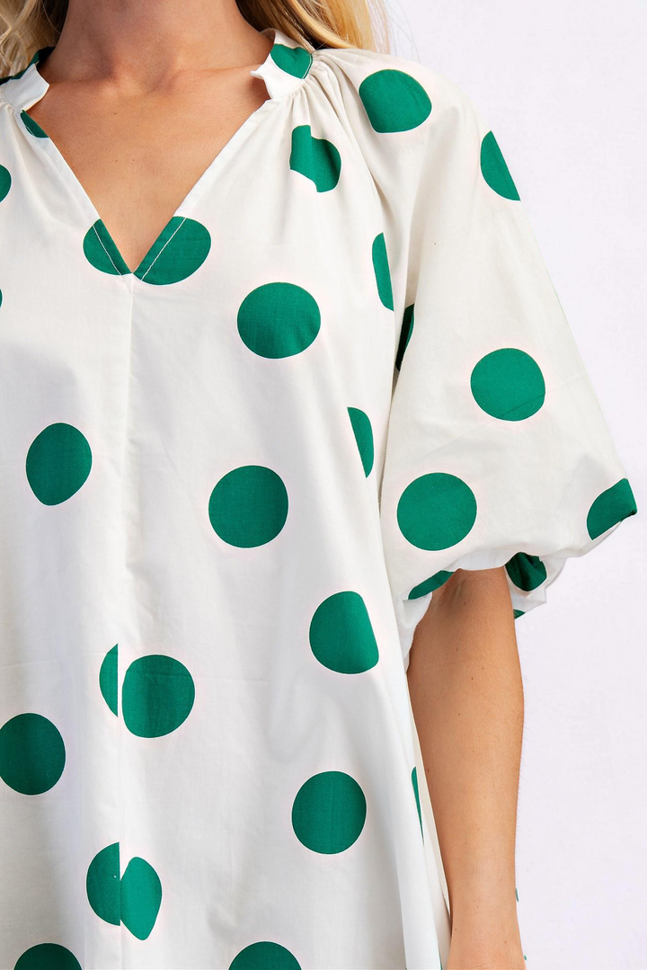 WHITE & GREEN POLKA DOT PUFF SLEEVE DRESS