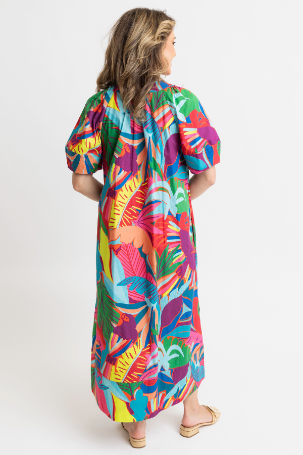 KARLIE: BIRDS OF PARADISE VNECK PUFF SLEEVE MAXI DRESS