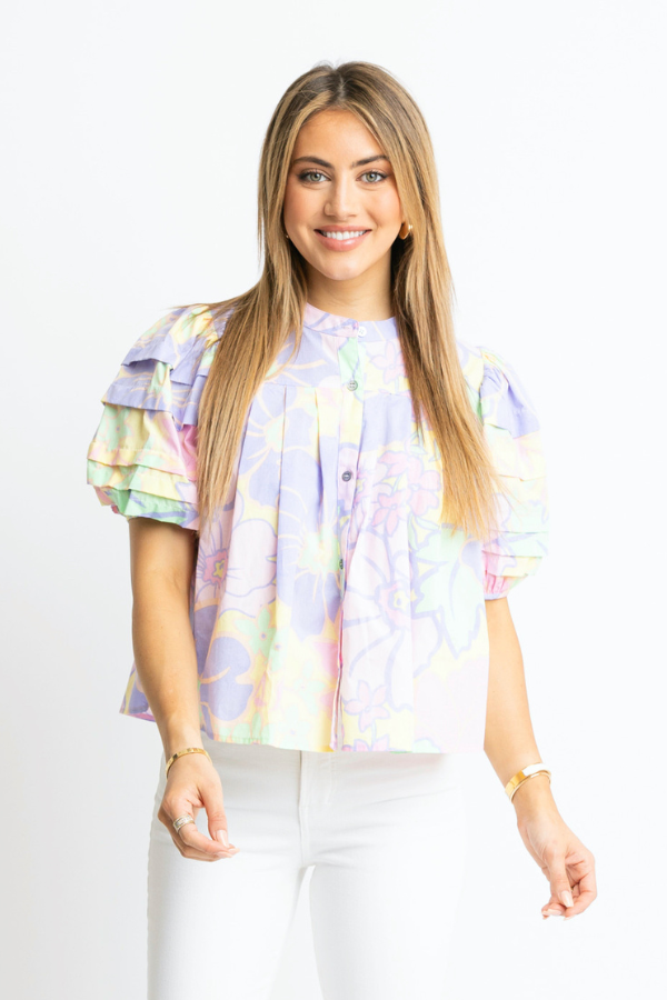 KARLIE: LAVENDER FLORAL PLEAT SLEEVE TOP