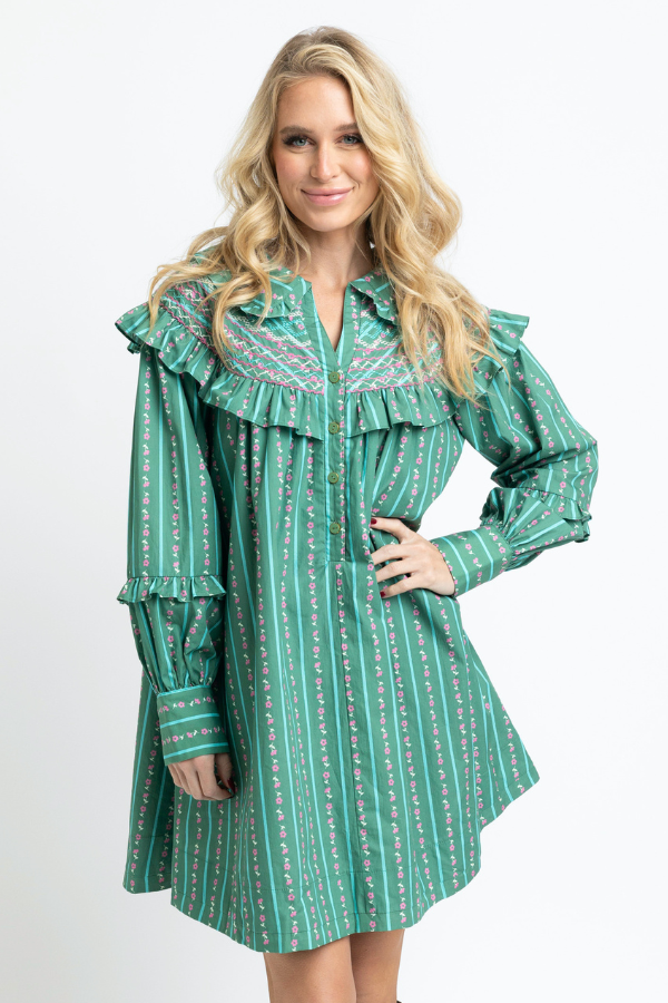 KARLIE: GREEN FLORAL STRIPE EMBROIDERED PETER PAN COLLAR DRESS