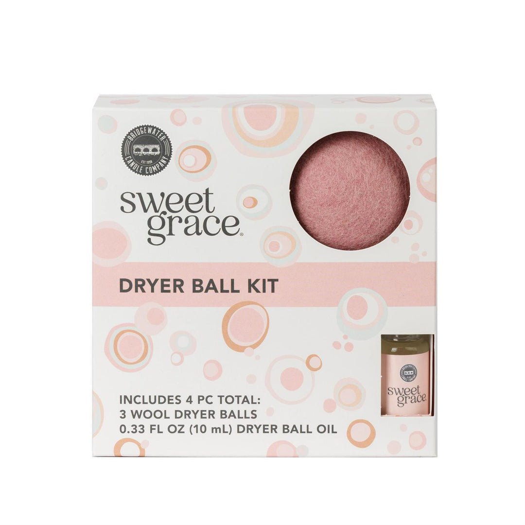 Sweet Grace Dryer Ball Kit with three reusable wool dryer balls and fragrance oil