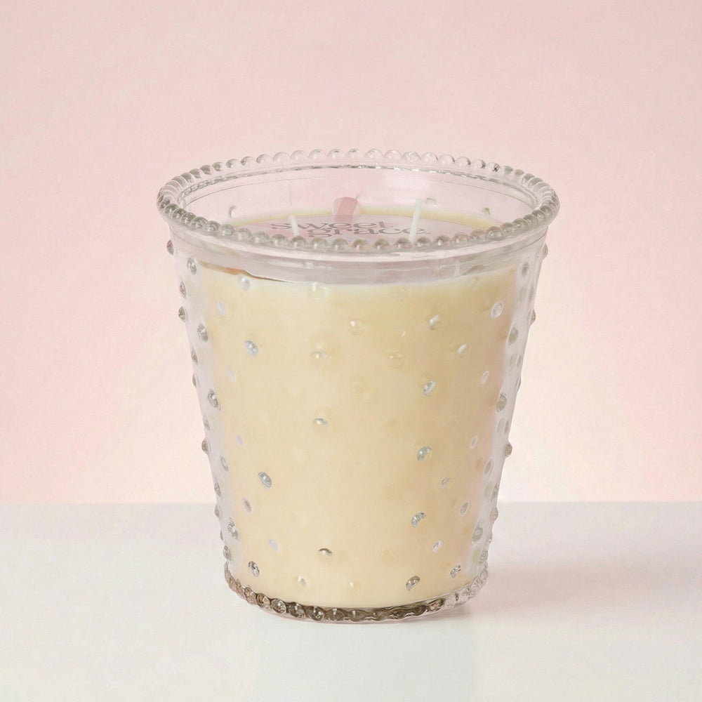 No. 080 Sweet Grace three-wick candle in a clear hobnail glass vessel