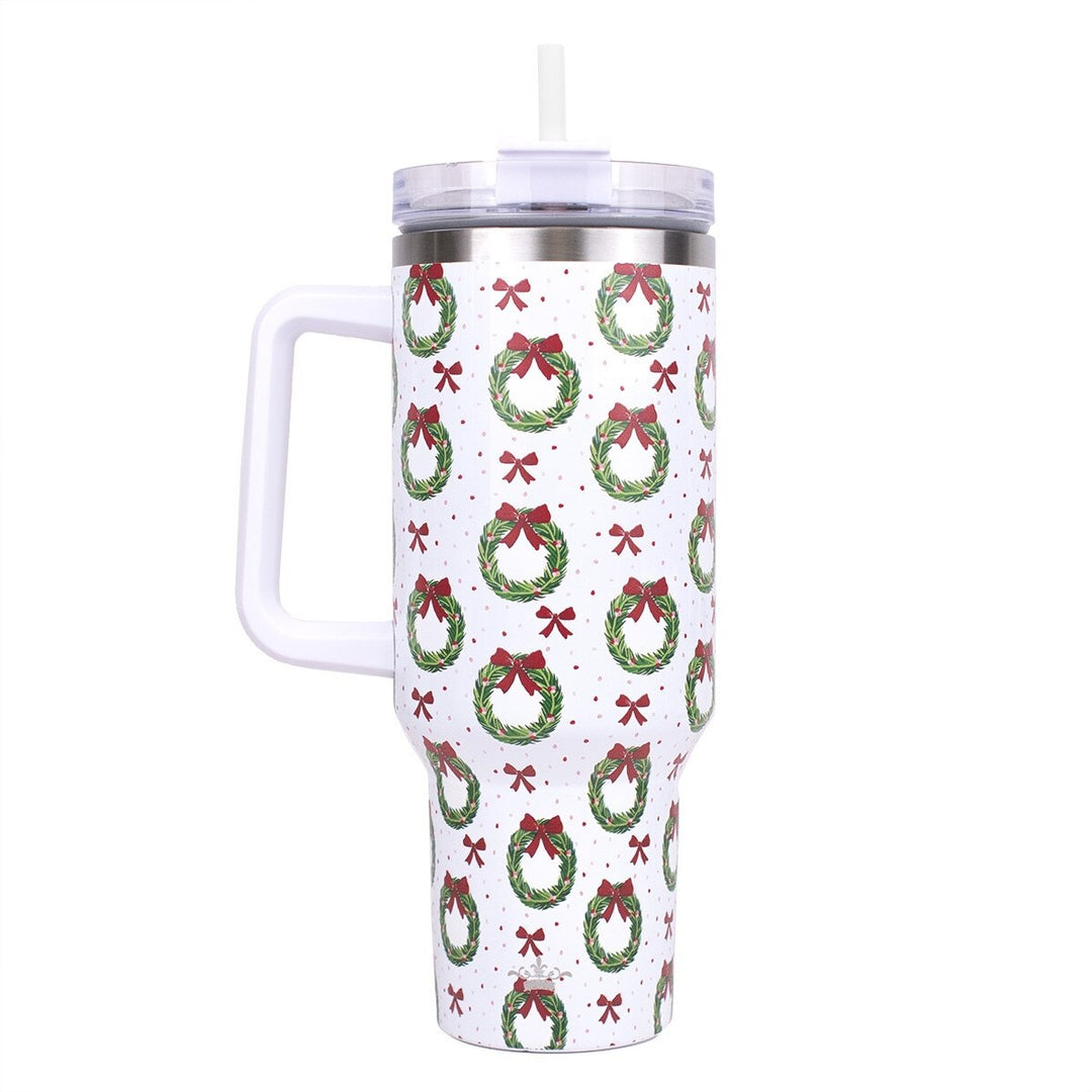 Tumbler with Christmas wreath and bow pattern on a white background