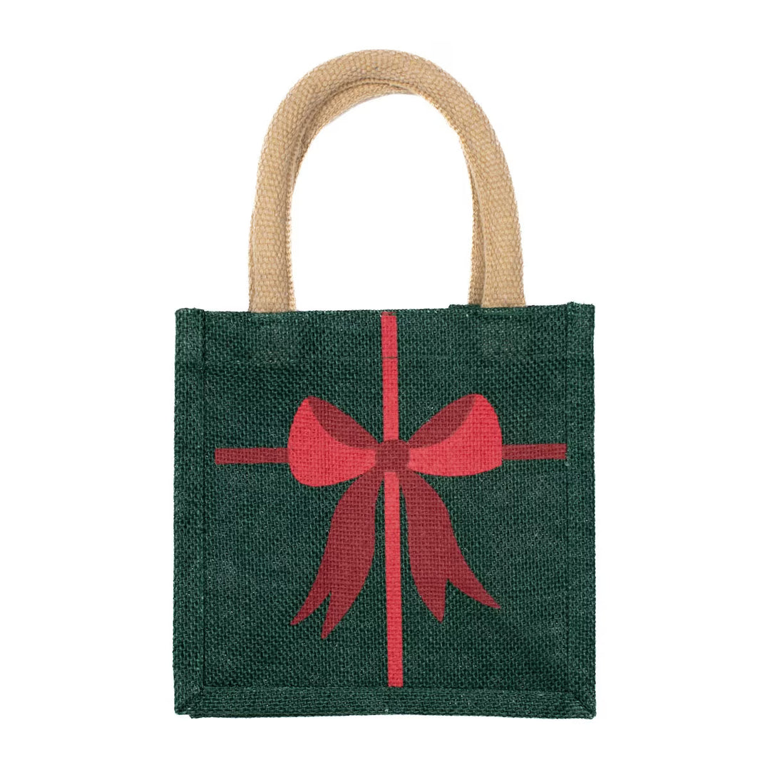 Green jute bag with a red bow design on a white background