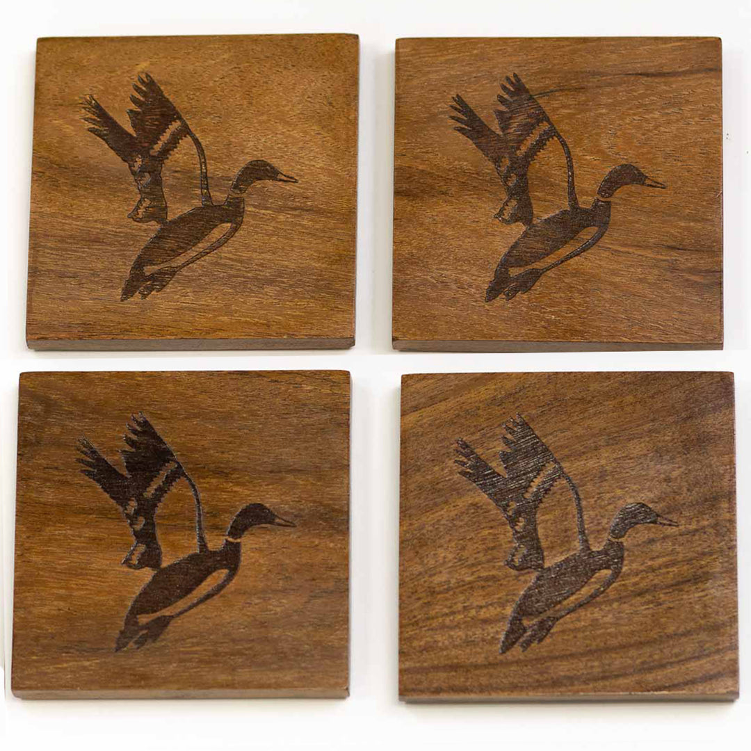 DUCK ETCHED WOOD COASTER SET