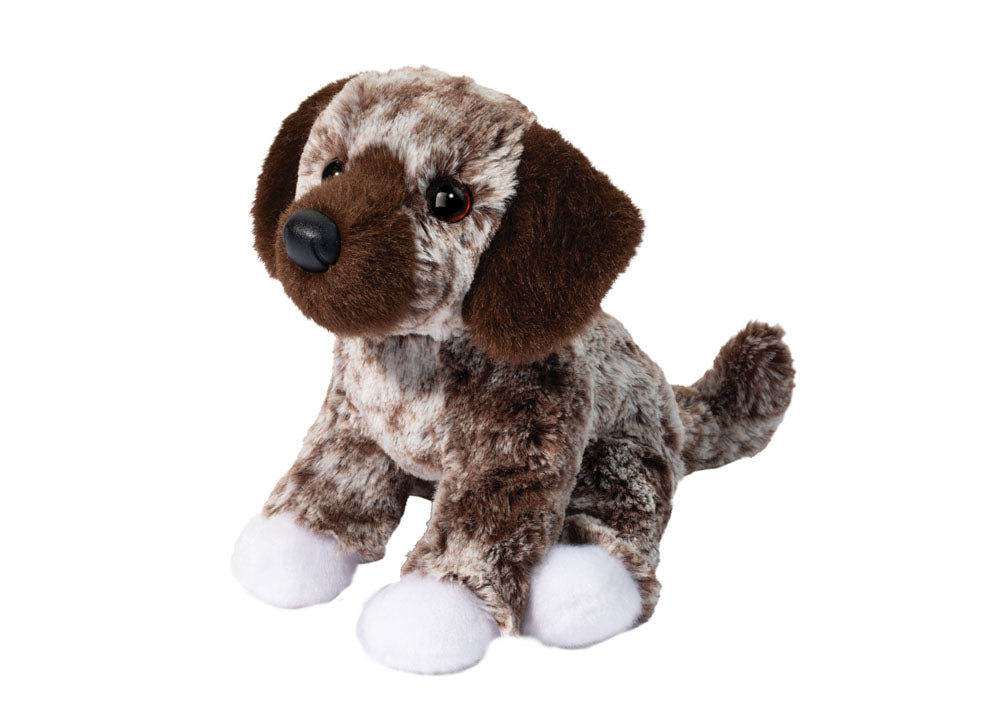 GERMAN SHORTHAIR STUFFED ANIMAL WITH WHITE PAWS ON WHITE BACKGROUND