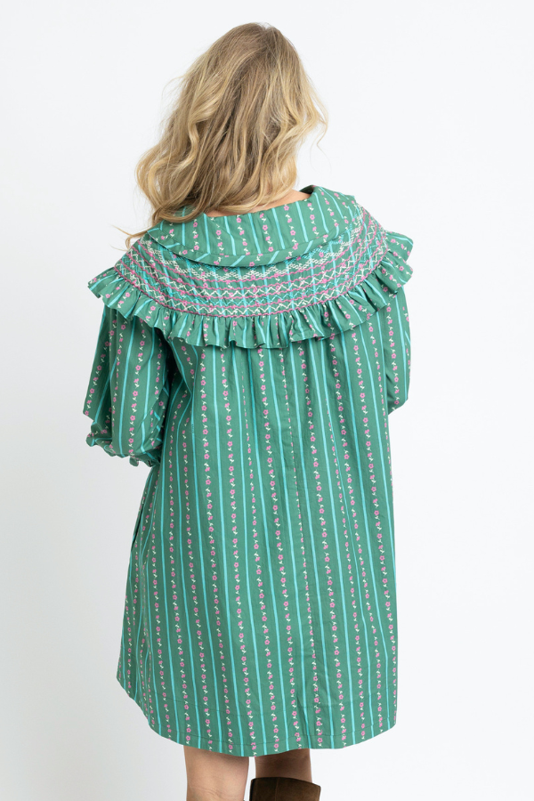 KARLIE: GREEN FLORAL STRIPE EMBROIDERED PETER PAN COLLAR DRESS