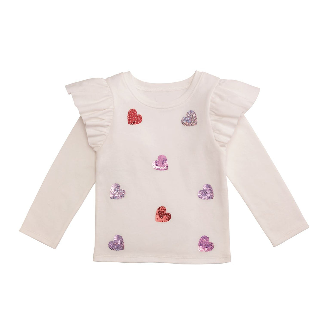 White long-sleeve top with colorful heart patterns on a white background