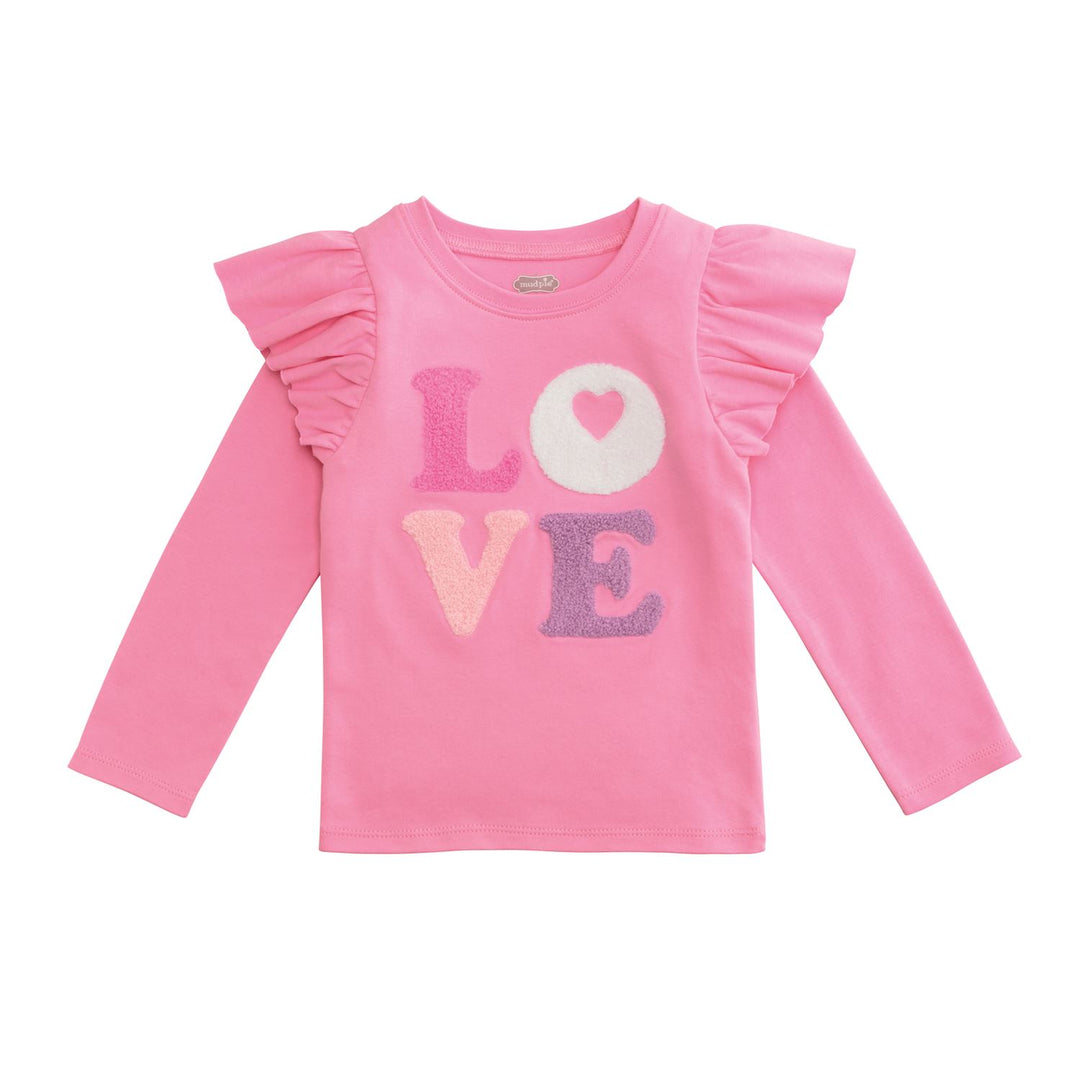 Pink long-sleeve shirt with 'LOVE' print on a white background