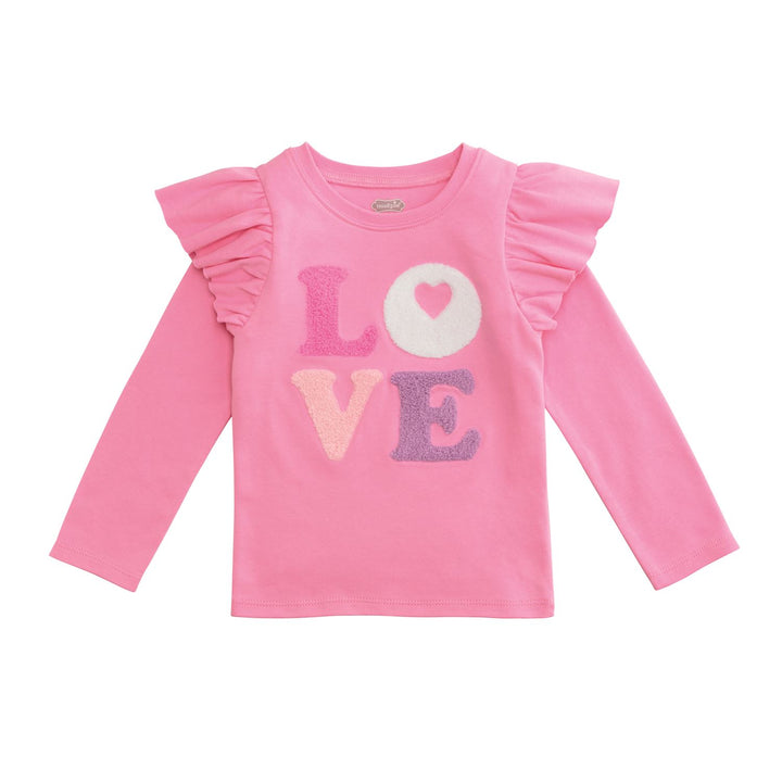 Pink long-sleeve shirt with 'LOVE' print on a white background